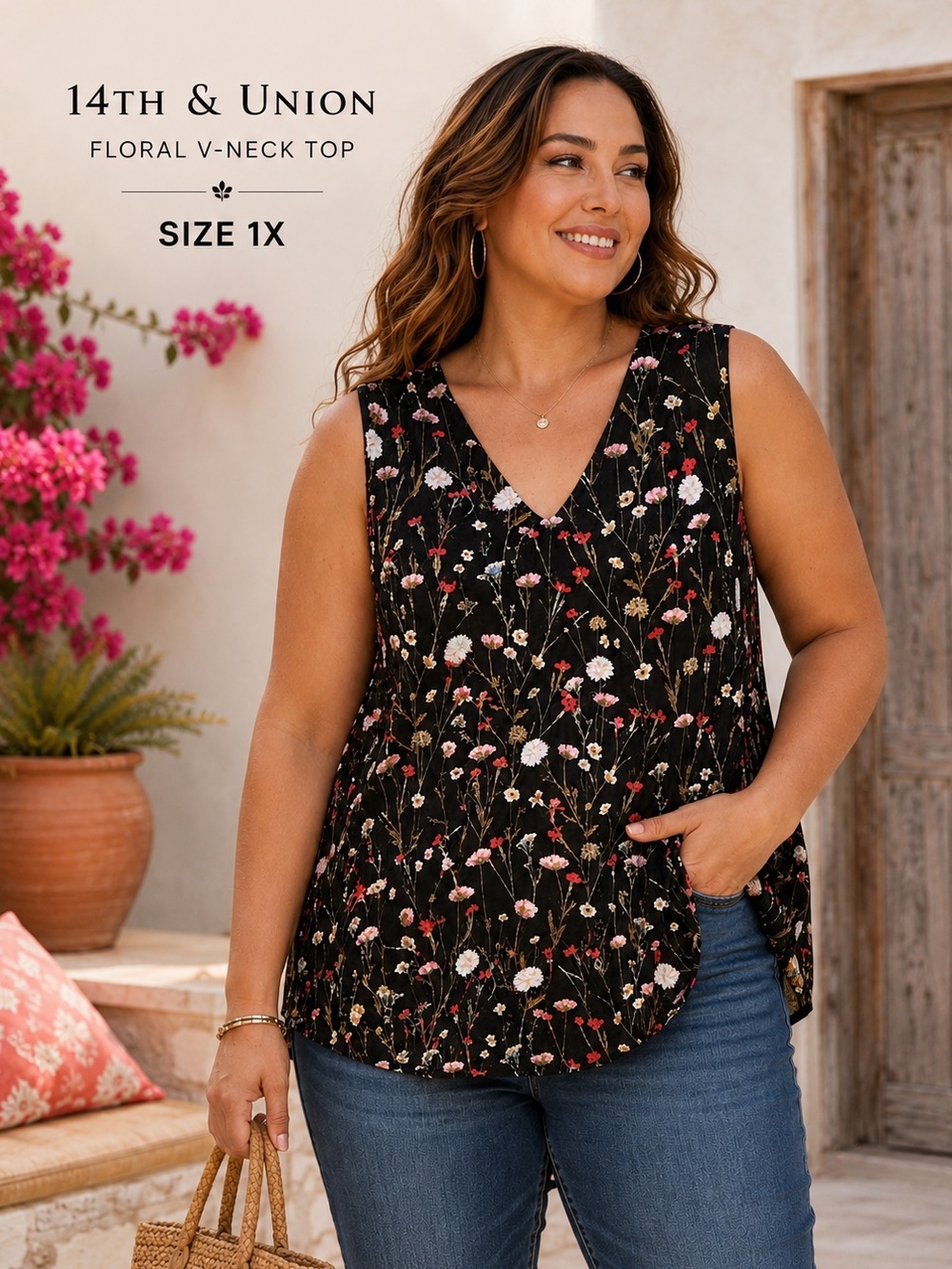 14th & Union Floral Sleeveless V-Neck Blouse Top Women’s Plus Size 1X Black